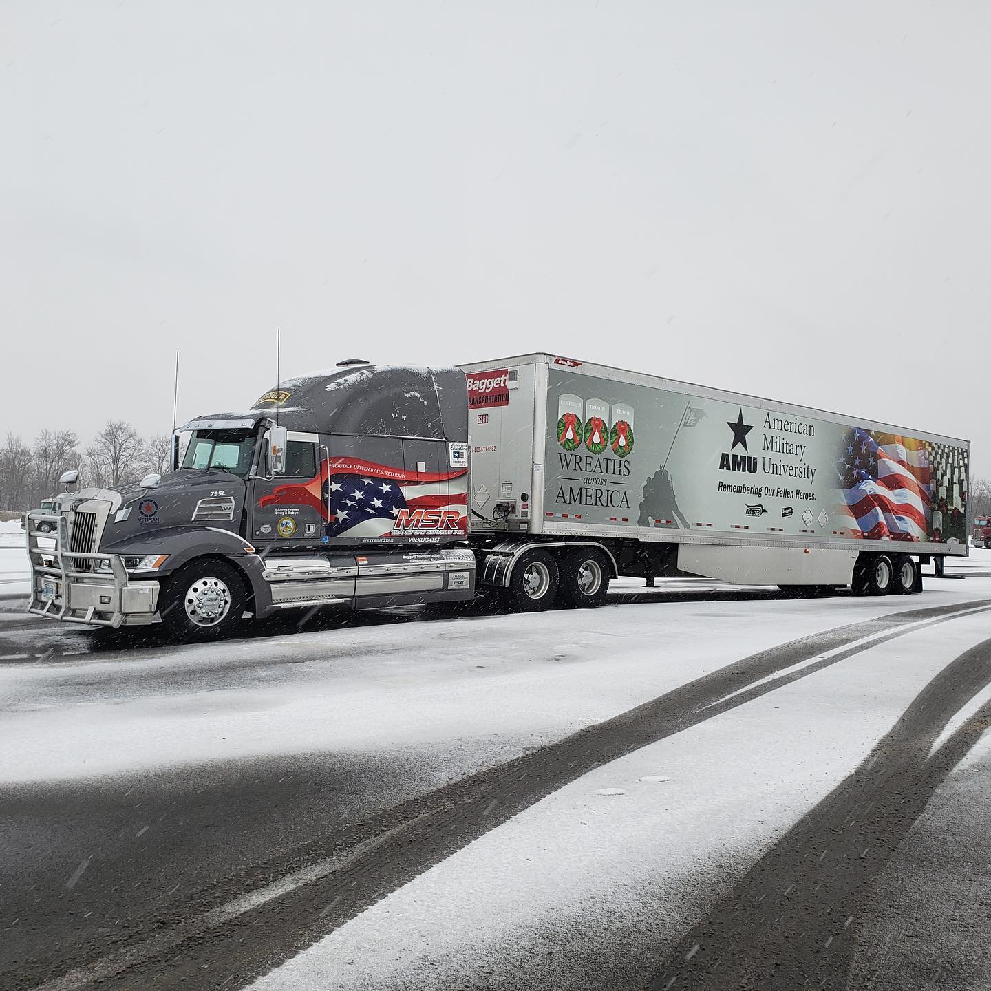 MSR Ride of Honor truck with American flag livery and Wreaths Across America trailer